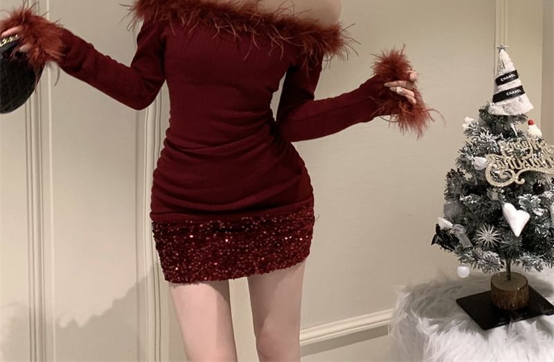 Mini Long-Sleeve Dress Sequin Off-Shoulder Trim Sheath Plain Fluffy