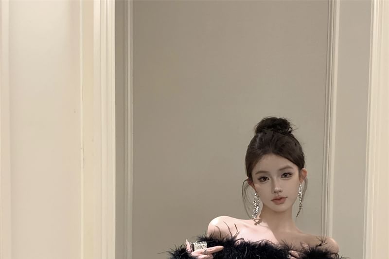 Mini Long-Sleeve Dress Sequin Off-Shoulder Trim Sheath Plain Fluffy