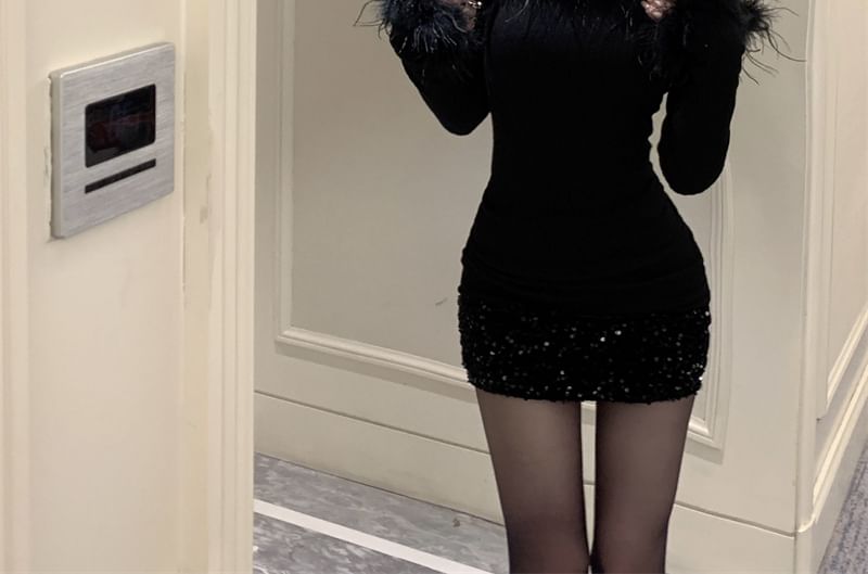Mini Long-Sleeve Dress Sequin Off-Shoulder Trim Sheath Plain Fluffy