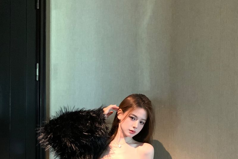 Tube Jacket Dress Sequin Faux Fluffy Bodycon Plain Mini / Leather Panel