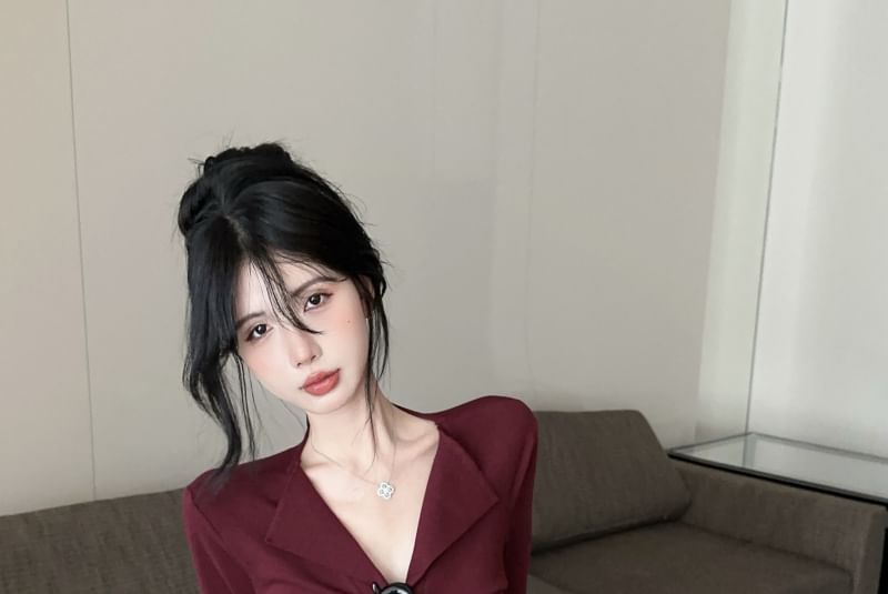 Long V-Neck Top Button Plain Ruched Sleeve