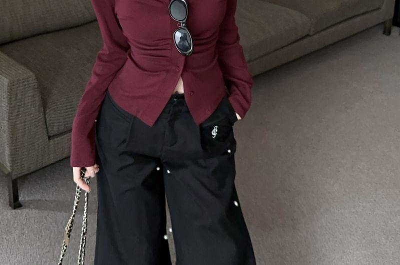 Long V-Neck Top Button Plain Ruched Sleeve