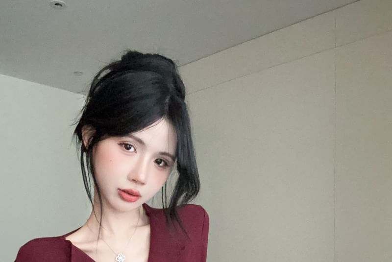 Long V-Neck Top Button Plain Ruched Sleeve