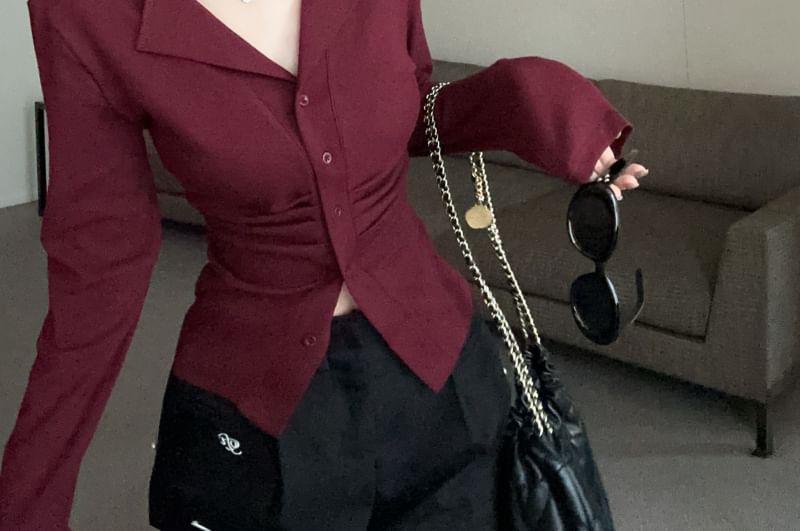Long V-Neck Top Button Plain Ruched Sleeve