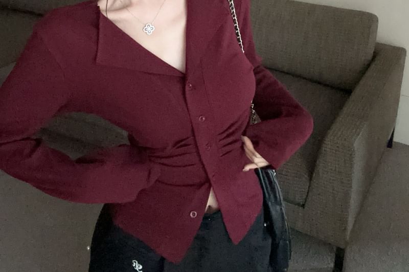 Long V-Neck Top Button Plain Ruched Sleeve