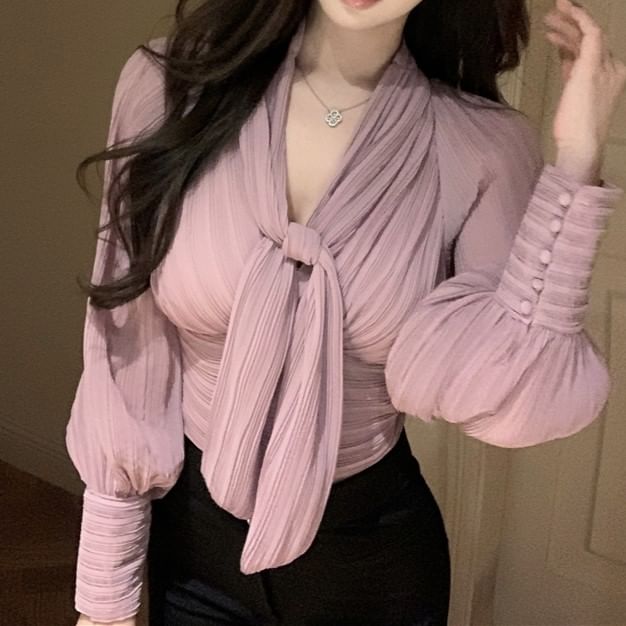 Blouse Ruched Tie-Neck Plain Puff-Sleeve