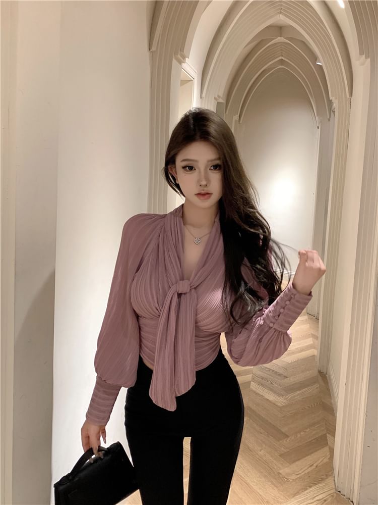 Blouse Ruched Tie-Neck Plain Puff-Sleeve