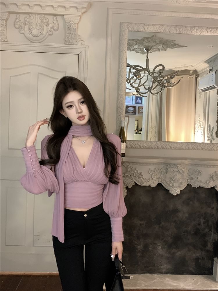 Blouse Ruched Tie-Neck Plain Puff-Sleeve