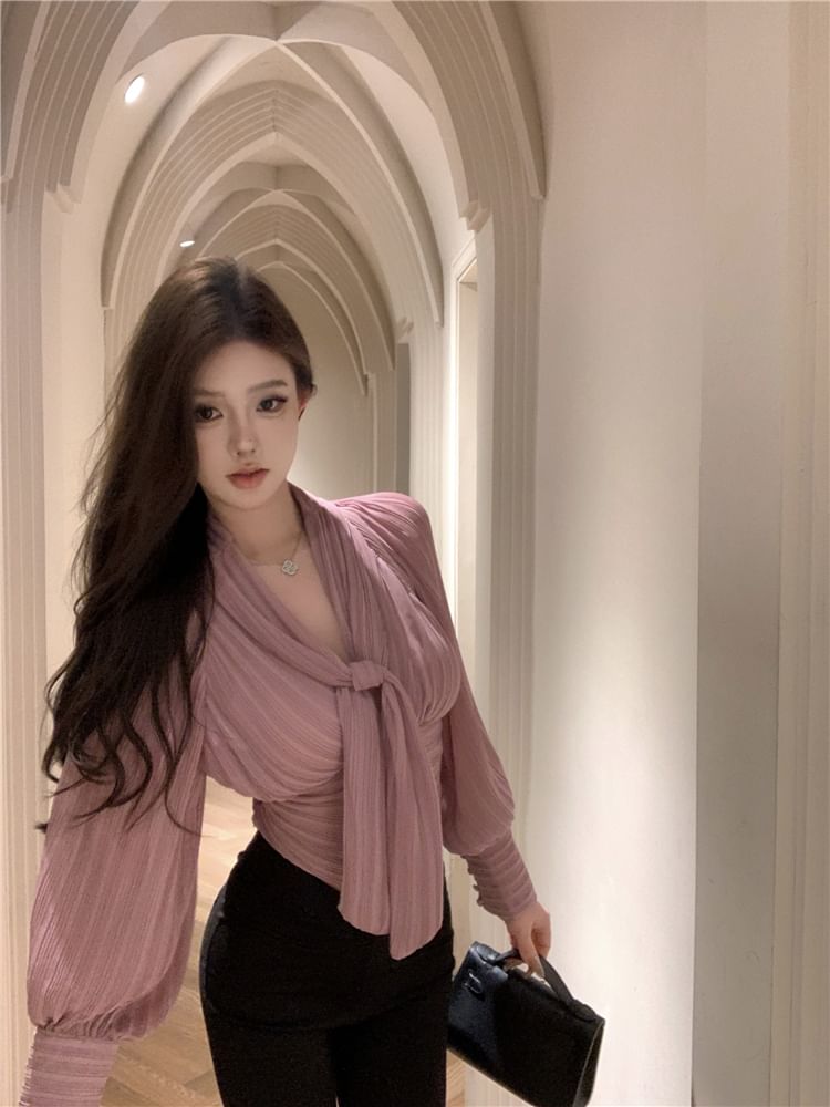 Blouse Ruched Tie-Neck Plain Puff-Sleeve