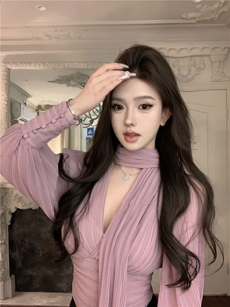 Blouse Ruched Tie-Neck Plain Puff-Sleeve