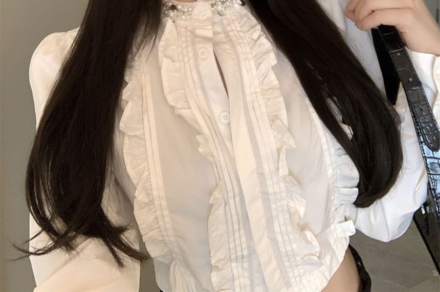 Plain Long-Sleeve Ruffle Crop Shirt