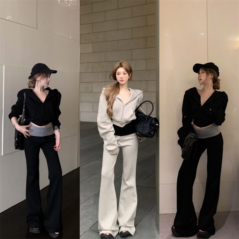 Plain Sweatpants Drawstring / High Hoodie Two Rise Tone Crop Zip Bootcut