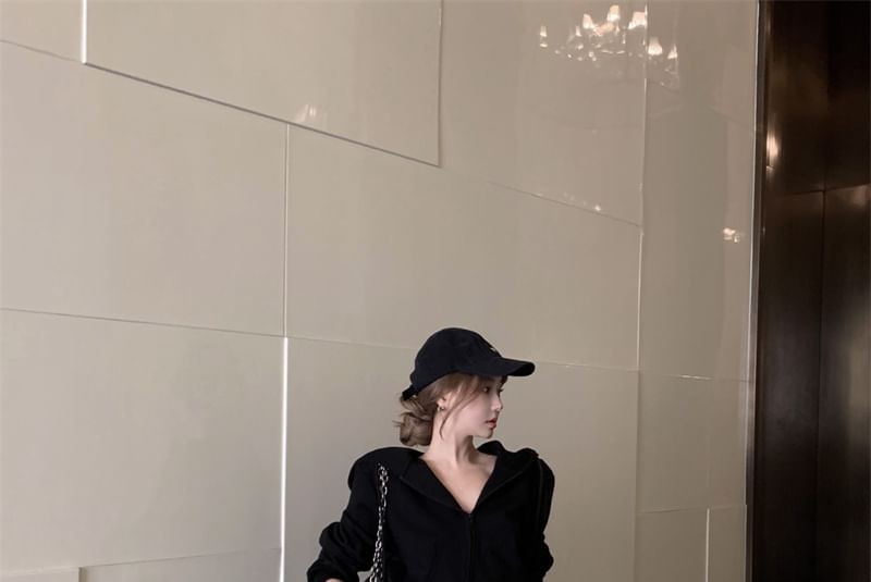 Plain Sweatpants Drawstring / High Hoodie Two Rise Tone Crop Zip Bootcut