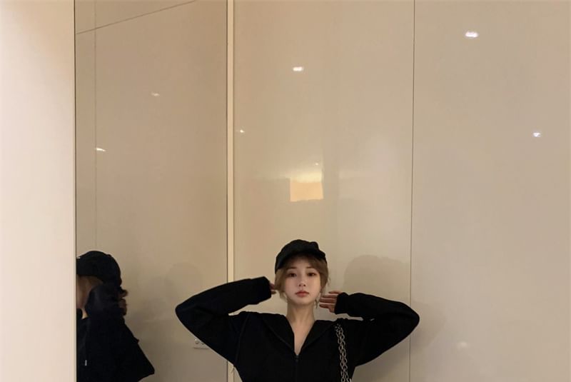 Plain Sweatpants Drawstring / High Hoodie Two Rise Tone Crop Zip Bootcut