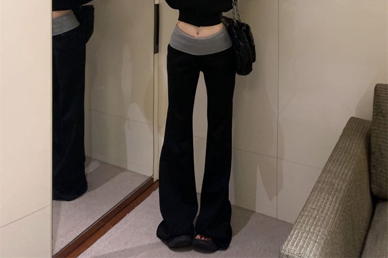 Plain Sweatpants Drawstring / High Hoodie Two Rise Tone Crop Zip Bootcut