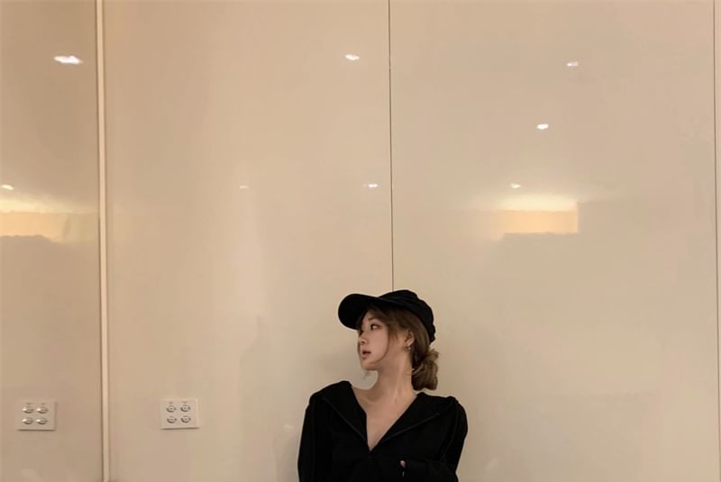 Plain Sweatpants Drawstring / High Hoodie Two Rise Tone Crop Zip Bootcut