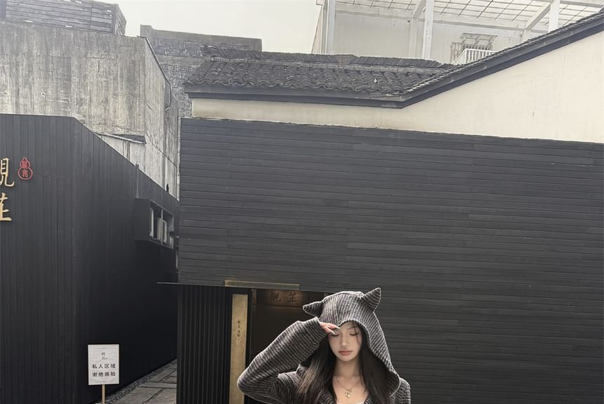 Accent Horn Zip Devil Bootcut Striped Waist Hoodie Crop Sweatpants / Drawstring