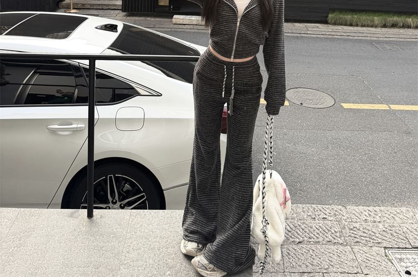 Accent Horn Zip Devil Bootcut Striped Waist Hoodie Crop Sweatpants / Drawstring