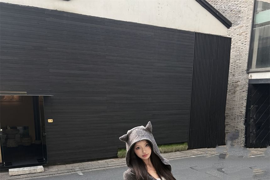 Accent Horn Zip Devil Bootcut Striped Waist Hoodie Crop Sweatpants / Drawstring