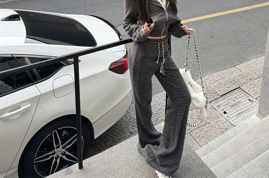 Accent Horn Zip Devil Bootcut Striped Waist Hoodie Crop Sweatpants / Drawstring