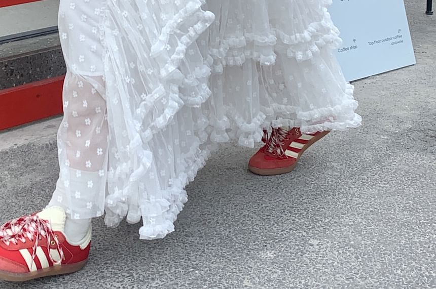 High A-Line Asymmetrical Floral Maxi Skirt Ruffle Rise