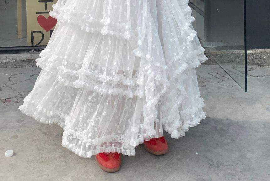 High A-Line Asymmetrical Floral Maxi Skirt Ruffle Rise