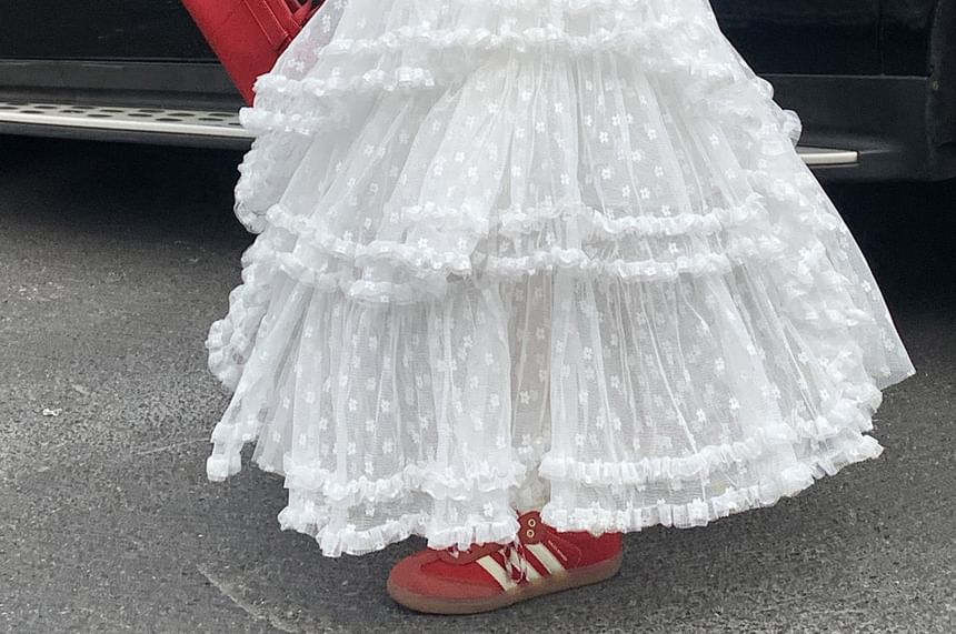 High A-Line Asymmetrical Floral Maxi Skirt Ruffle Rise