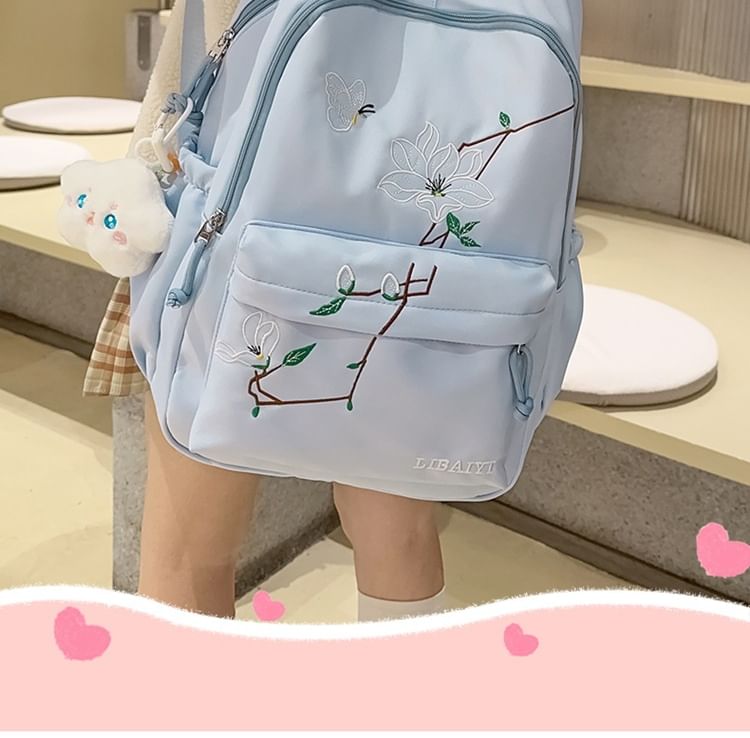 Backpack Nylon Charm Embroidered Laptop Floral Bag Set /