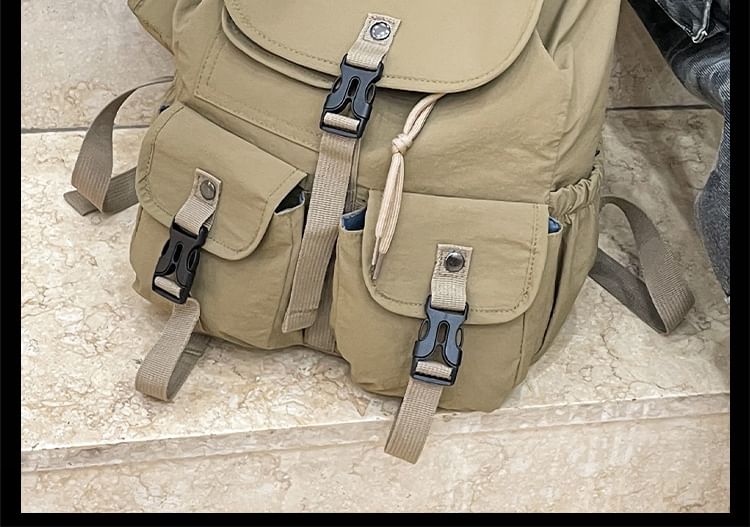 Flap Embroidered Nylon Backpack Lettering Buckled