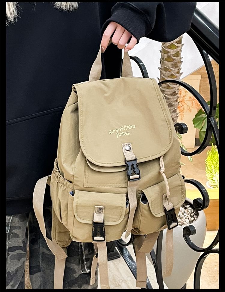 Flap Embroidered Nylon Backpack Lettering Buckled