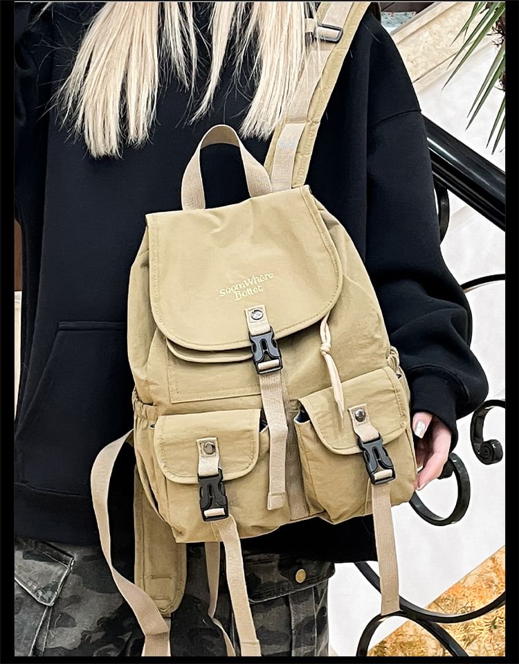 Flap Embroidered Nylon Backpack Lettering Buckled