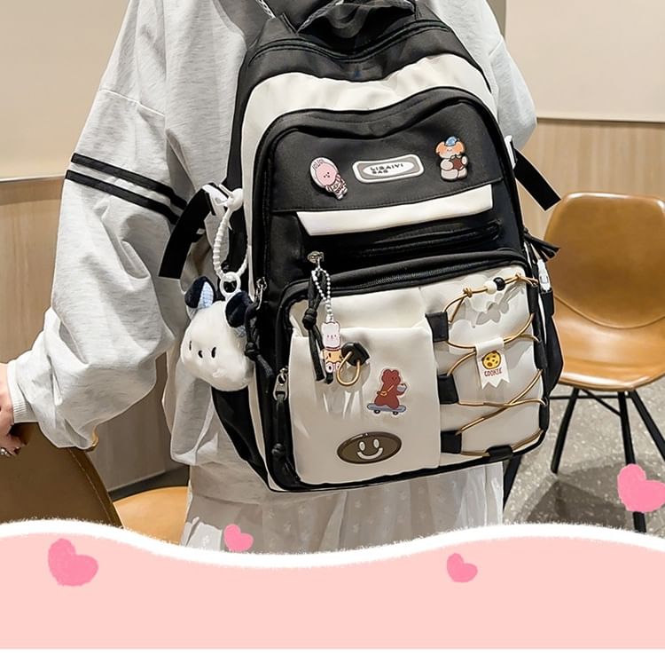Nylon Backpack Two Applique Laptop Bag Set Tone Charm Badge /