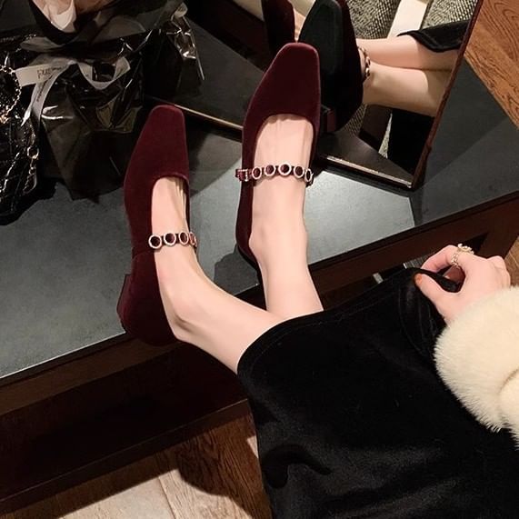 Pumps Heel Mary Rhinestone Low Velvet Jane Accent