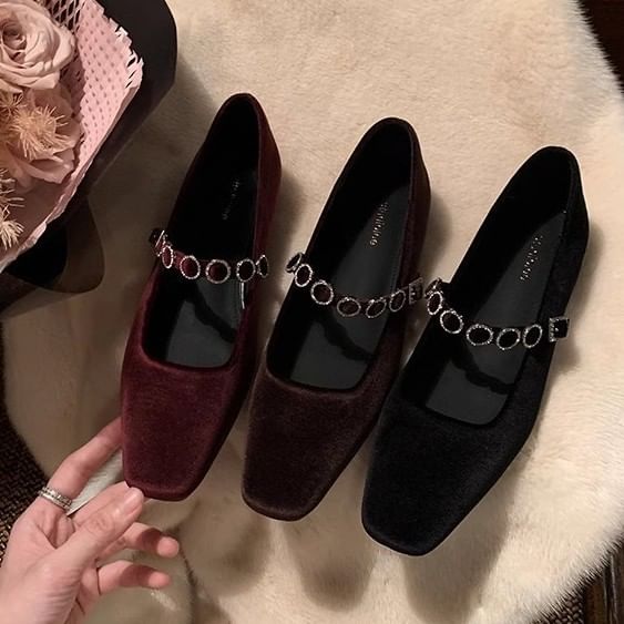 Pumps Heel Mary Rhinestone Low Velvet Jane Accent