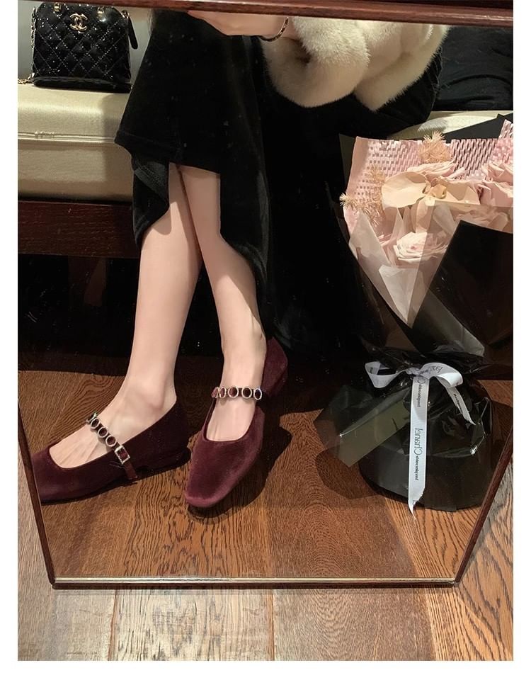 Pumps Heel Mary Rhinestone Low Velvet Jane Accent