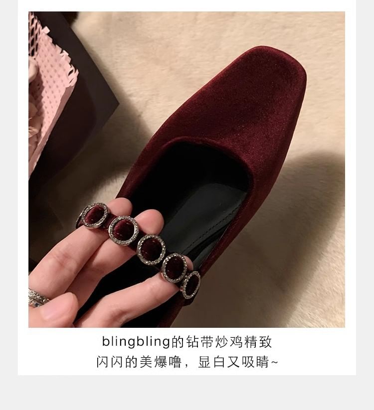 Pumps Heel Mary Rhinestone Low Velvet Jane Accent