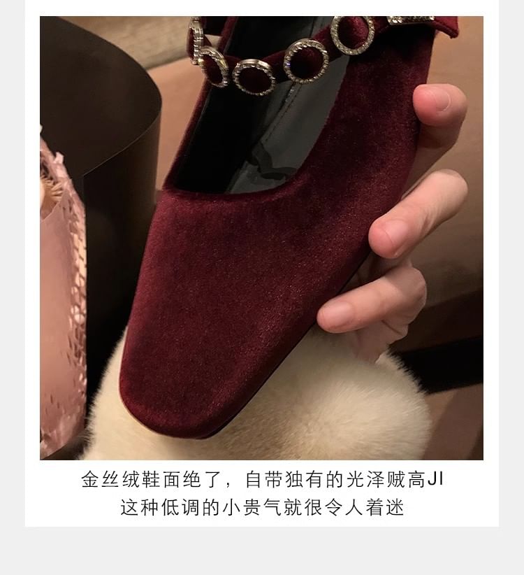 Pumps Heel Mary Rhinestone Low Velvet Jane Accent