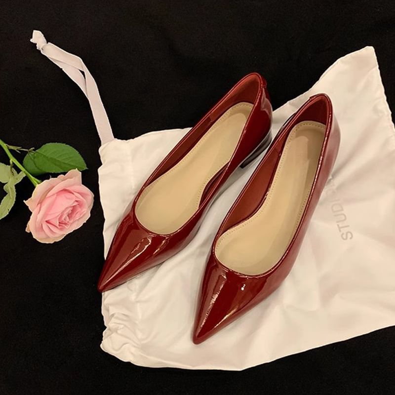 Pointed Pumps Faux Plain Leather Chunky Toe Heel