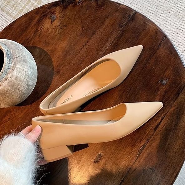 Pointed Pumps Faux Plain Leather Chunky Toe Heel