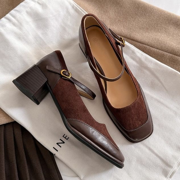 Chunky Mary Plain Pumps Leather Jane Square Heel Faux Toe Panel