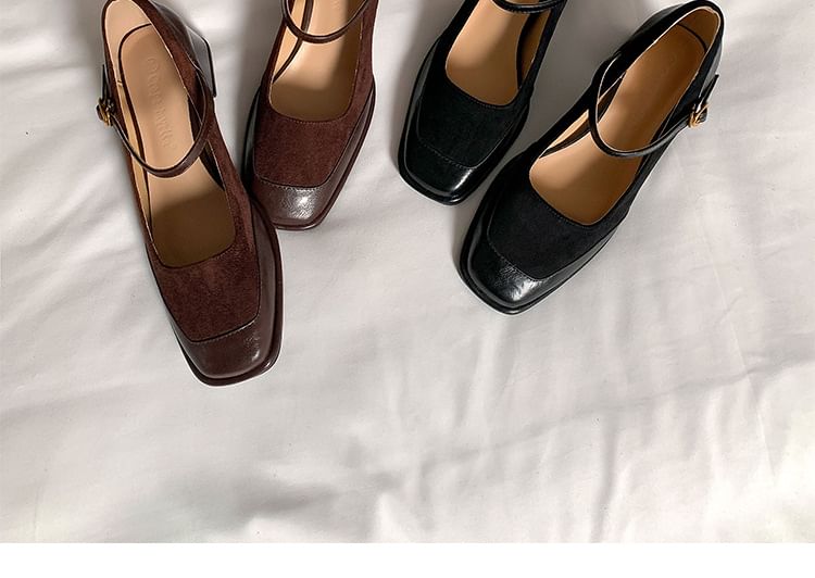 Chunky Mary Plain Pumps Leather Jane Square Heel Faux Toe Panel