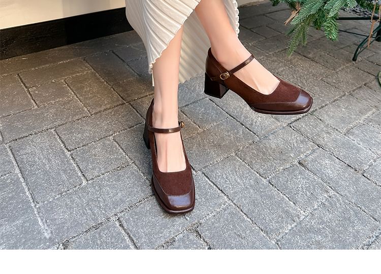 Chunky Mary Plain Pumps Leather Jane Square Heel Faux Toe Panel