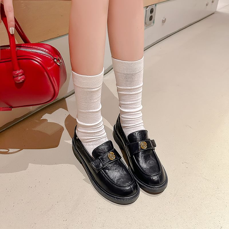 Platform Accent Faux Floral Loafers Leather