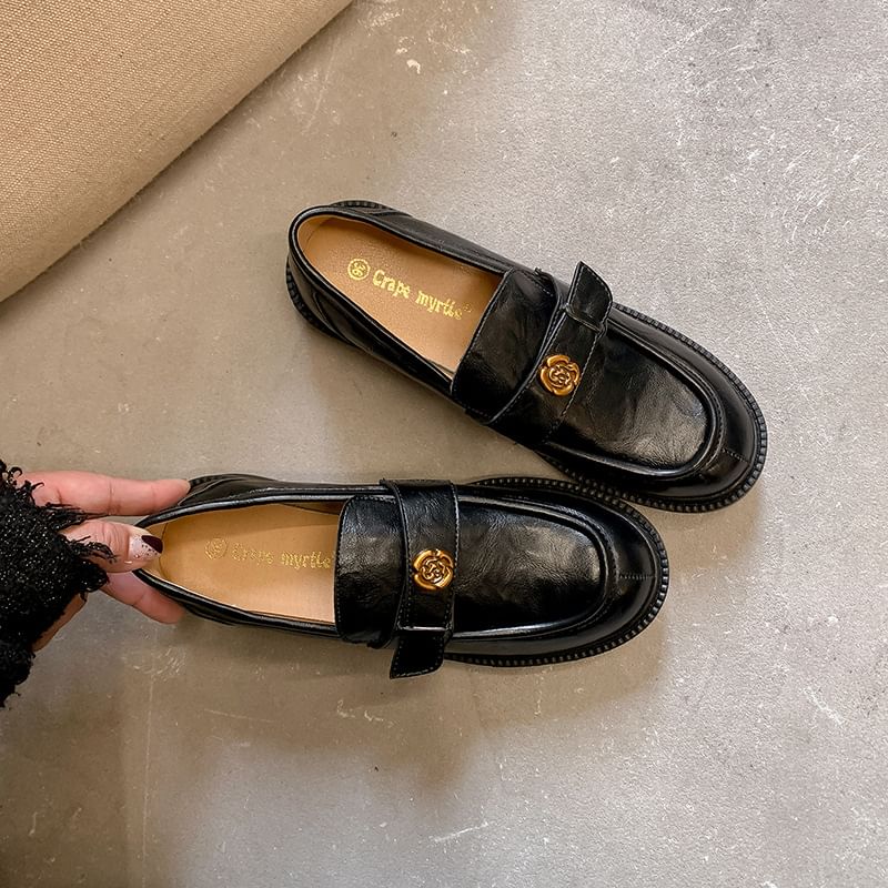 Platform Accent Faux Floral Loafers Leather