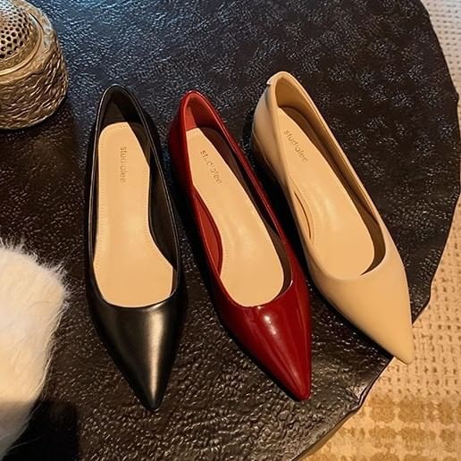 Pointed Pumps Faux Plain Leather Chunky Toe Heel
