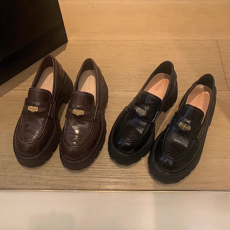 Plain Faux Penny Leather Loafers Platform