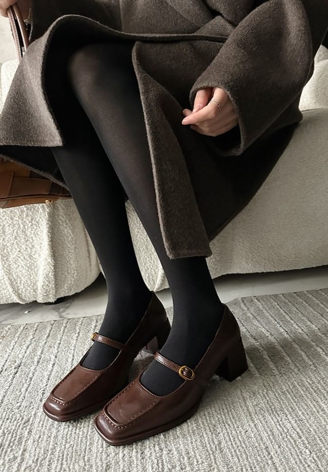 Faux Jane Toe Plain Square Leather Heel Chunky Mary Pumps