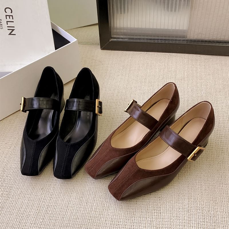 Heel Faux Panel Jane Leather Plain Pumps Chunky Mary Buckled