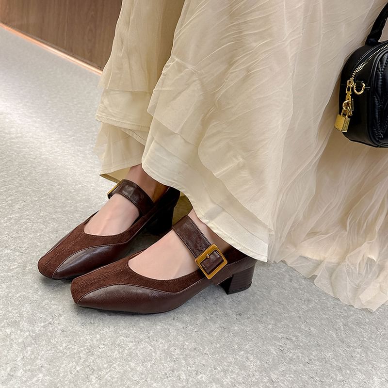 Heel Faux Panel Jane Leather Plain Pumps Chunky Mary Buckled