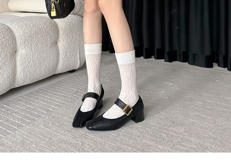 Heel Faux Panel Jane Leather Plain Pumps Chunky Mary Buckled